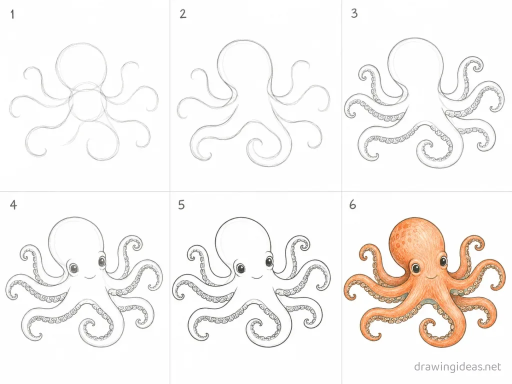 How to draw an octopus step by step — 6-step octopus drawing tutorial grid
