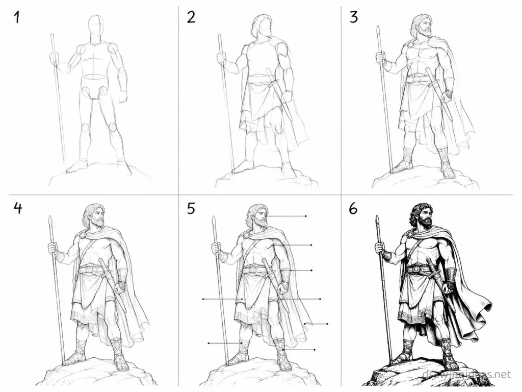 How to draw Odysseus step by step — 6-step Odysseus drawing tutorial grid