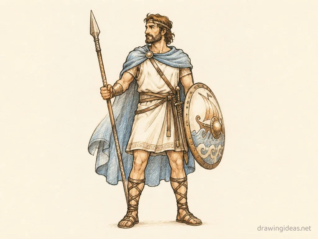 Odysseus drawing — hand-drawn Odysseus illustration with ink lines and soft colors