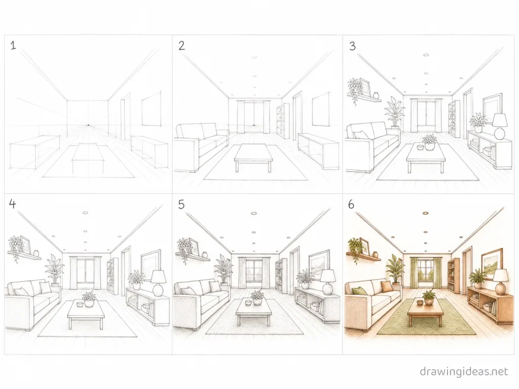How to draw one point perspective step by step — 6-step one point perspective drawing tutorial grid