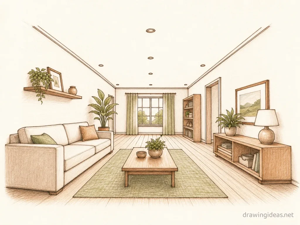 One Point Perspective drawing ā hand-drawn one point perspective illustration with ink lines and soft colors