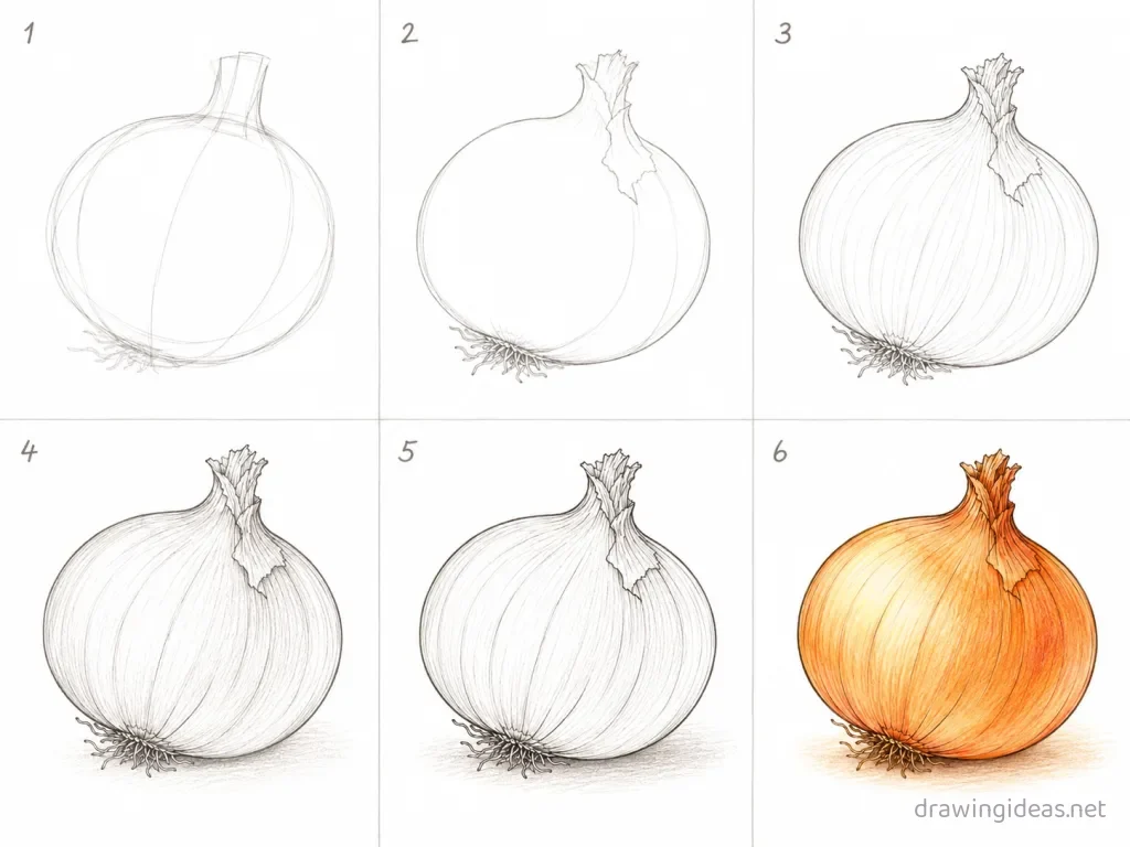 How to draw an onion step by step — 6-step onion drawing tutorial grid