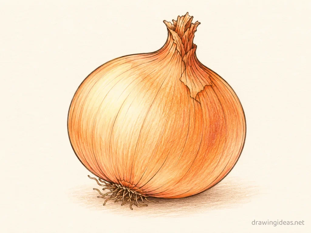 Onion drawing — hand-drawn onion illustration with ink lines and soft colors
