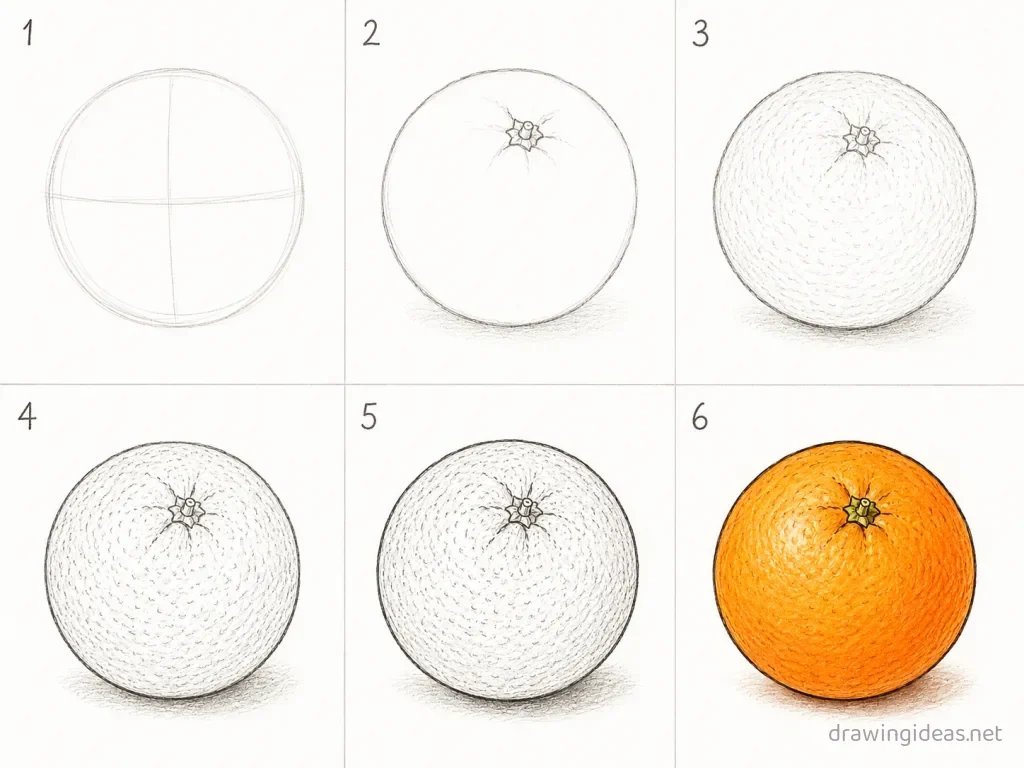 How to draw an orange step by step — 6-step orange drawing tutorial grid