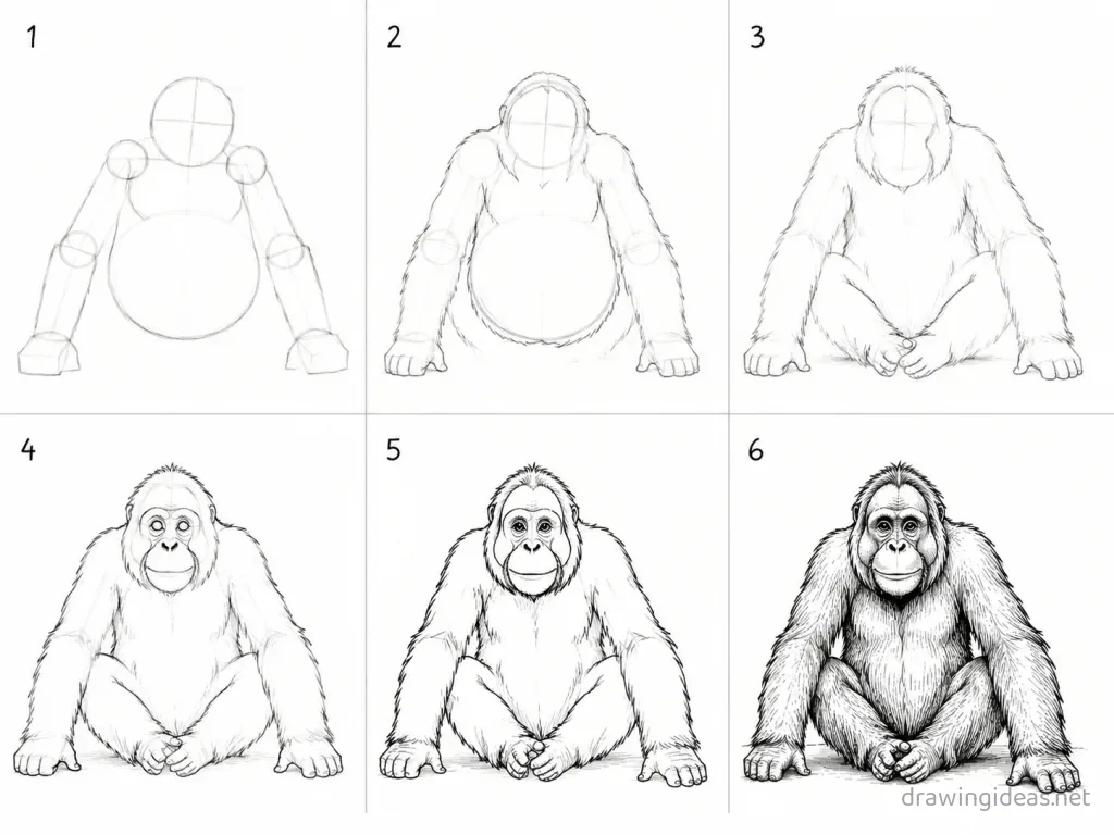 How to draw an orangutan step by step — 6-step orangutan drawing tutorial grid