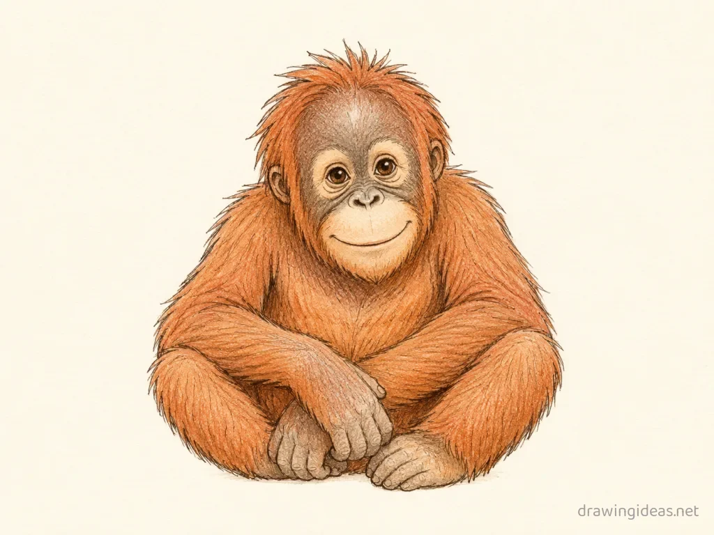 Orangutan drawing — hand-drawn orangutan illustration with ink lines and soft colors