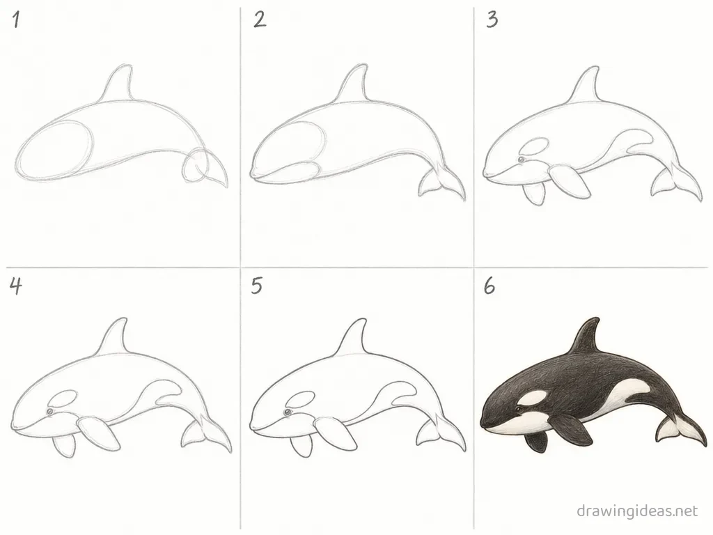 How to draw an orca step by step — 6-step orca drawing tutorial grid