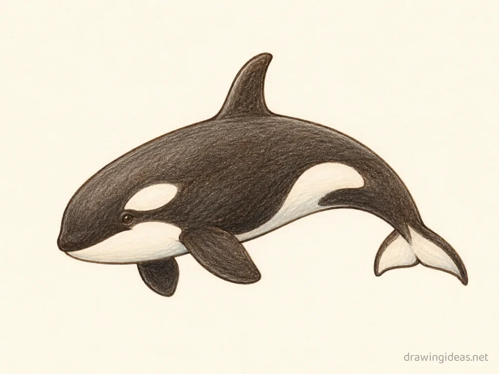 Orca drawing — hand-drawn orca illustration with ink lines and soft colors