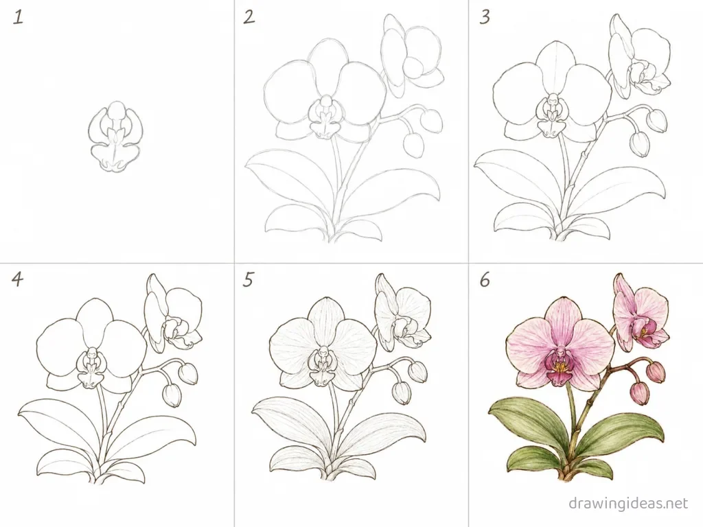 How to draw an orchid step by step — 6-step orchid drawing tutorial grid