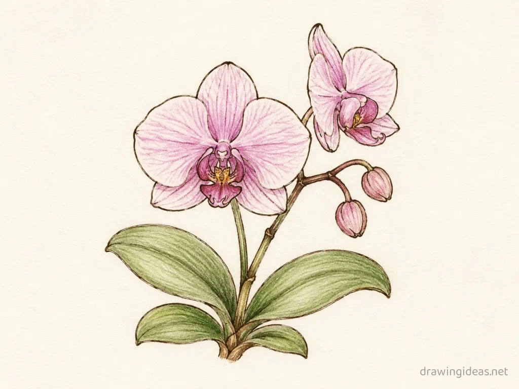 Orchid drawing — hand-drawn orchid illustration with ink lines and soft colors