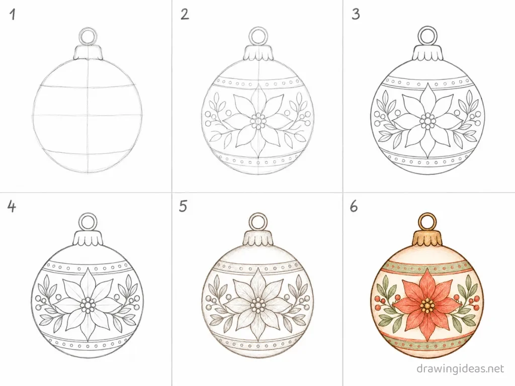 How to draw an ornament step by step — 6-step ornament drawing tutorial grid