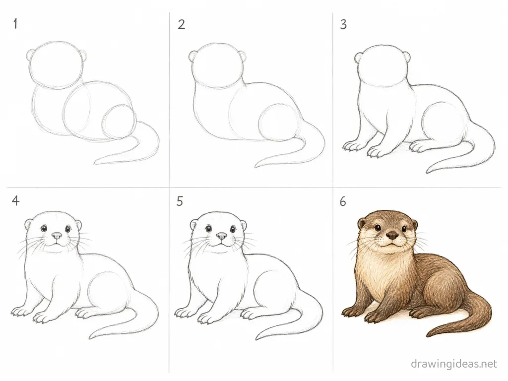 How to draw an otter step by step — 6-step otter drawing tutorial grid