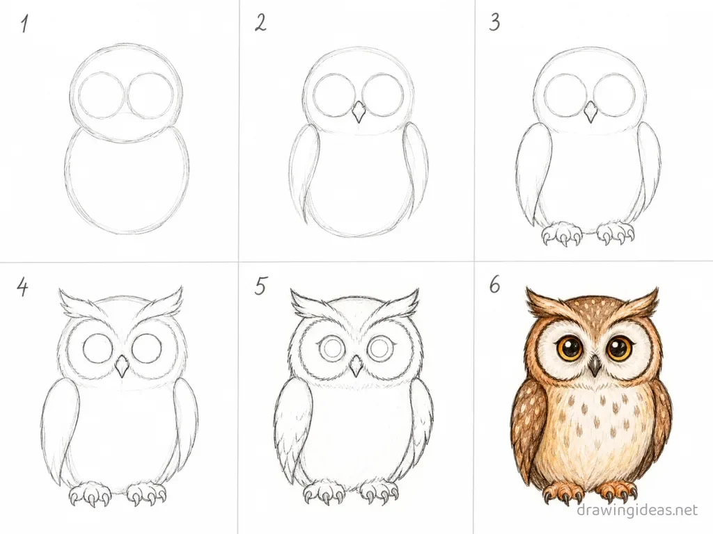 How to draw an owl step by step — 6-step owl drawing tutorial grid