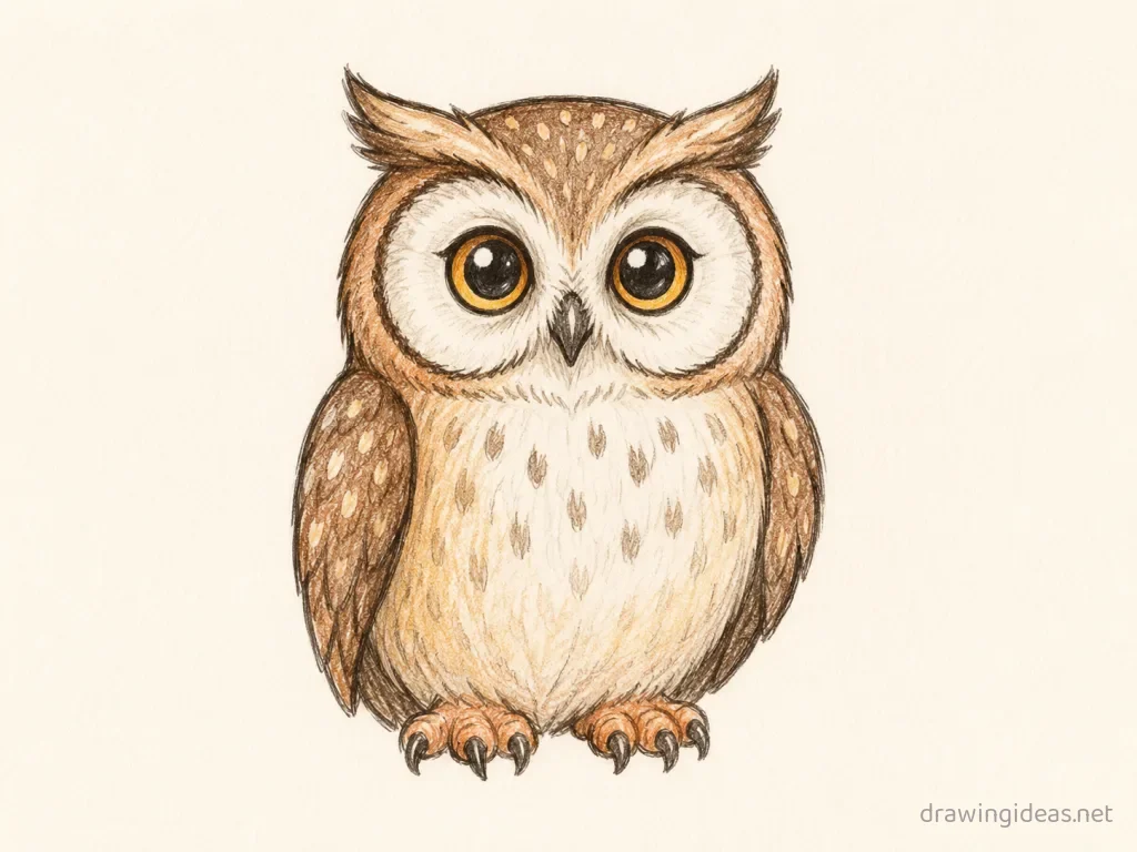Owl drawing — hand-drawn owl illustration with ink lines and soft colors