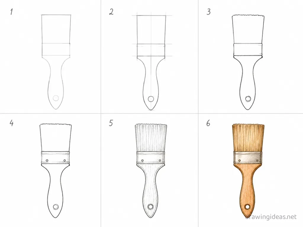 How to draw a paint brush step by step — 6-step paint brush drawing tutorial grid