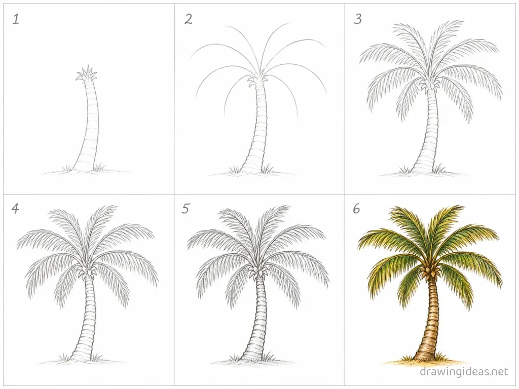 How to draw a palm tree step by step — 6-step palm tree drawing tutorial grid