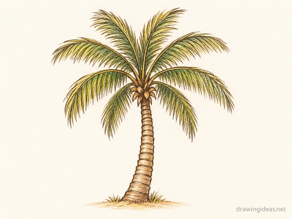 Palm Tree drawing — hand-drawn palm tree illustration with ink lines and soft colors