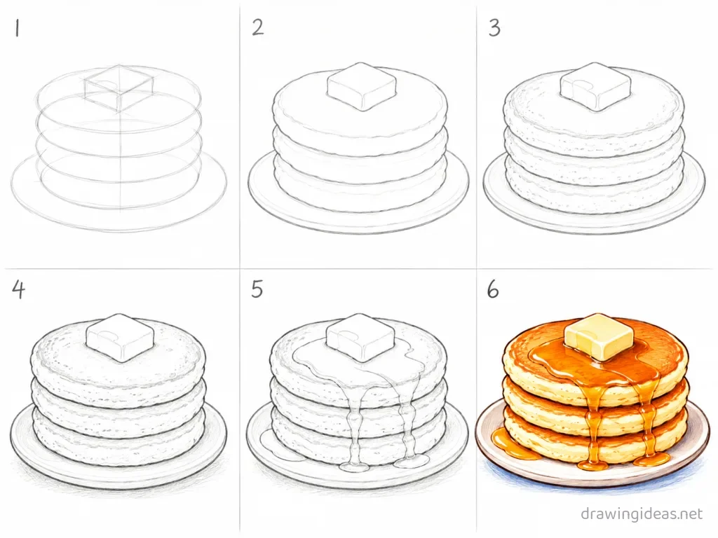 How to draw a pancake step by step — 6-step pancake drawing tutorial grid