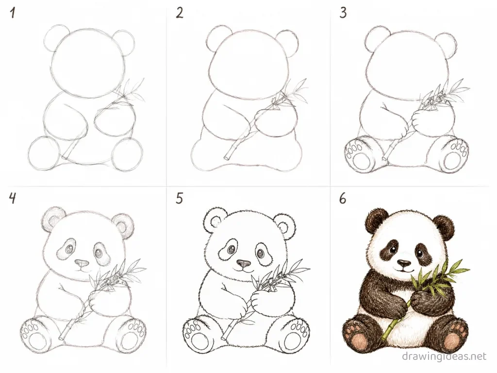 How to draw a panda step by step — 6-step panda drawing tutorial grid