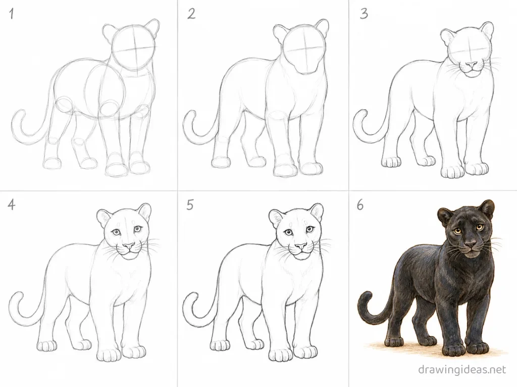 How to draw a panther step by step — 6-step panther drawing tutorial grid