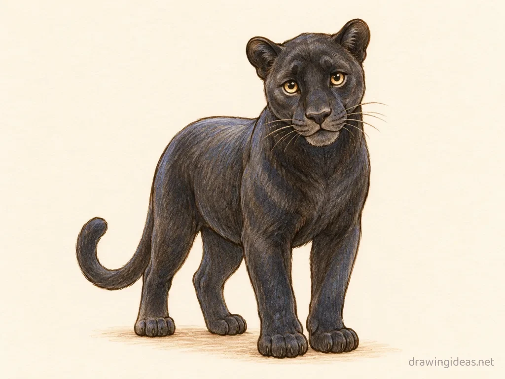 Panther drawing — hand-drawn panther illustration with ink lines and soft colors