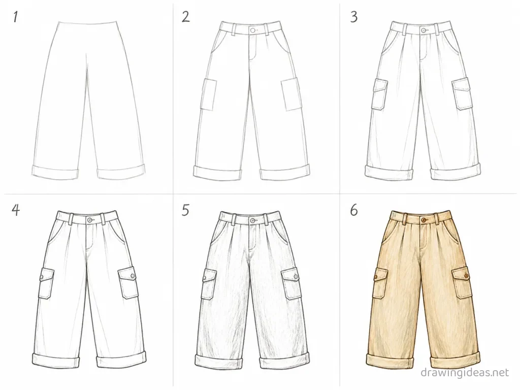 How to draw pants step by step — 6-step pants drawing tutorial grid
