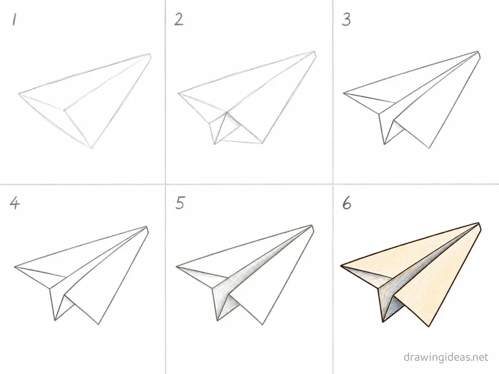 How to draw a paper airplane step by step — 6-step paper airplane drawing tutorial grid