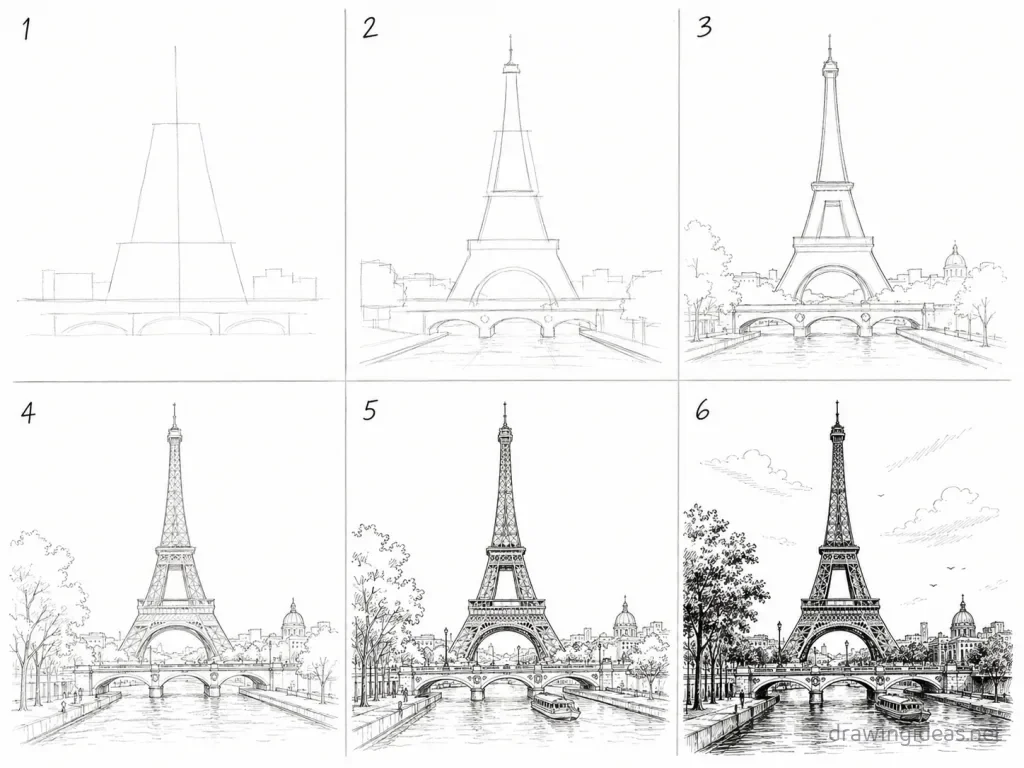 How to draw Paris step by step — 6-step Paris drawing tutorial grid