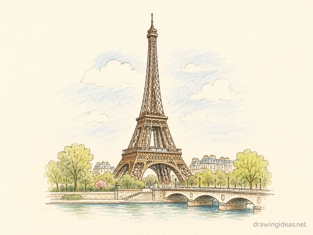 Paris drawing — hand-drawn Paris illustration with ink lines and soft colors