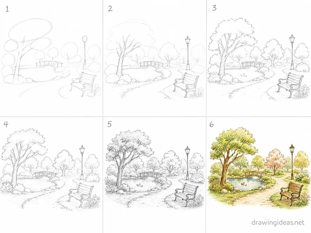 How to draw a park step by step — 6-step park drawing tutorial grid