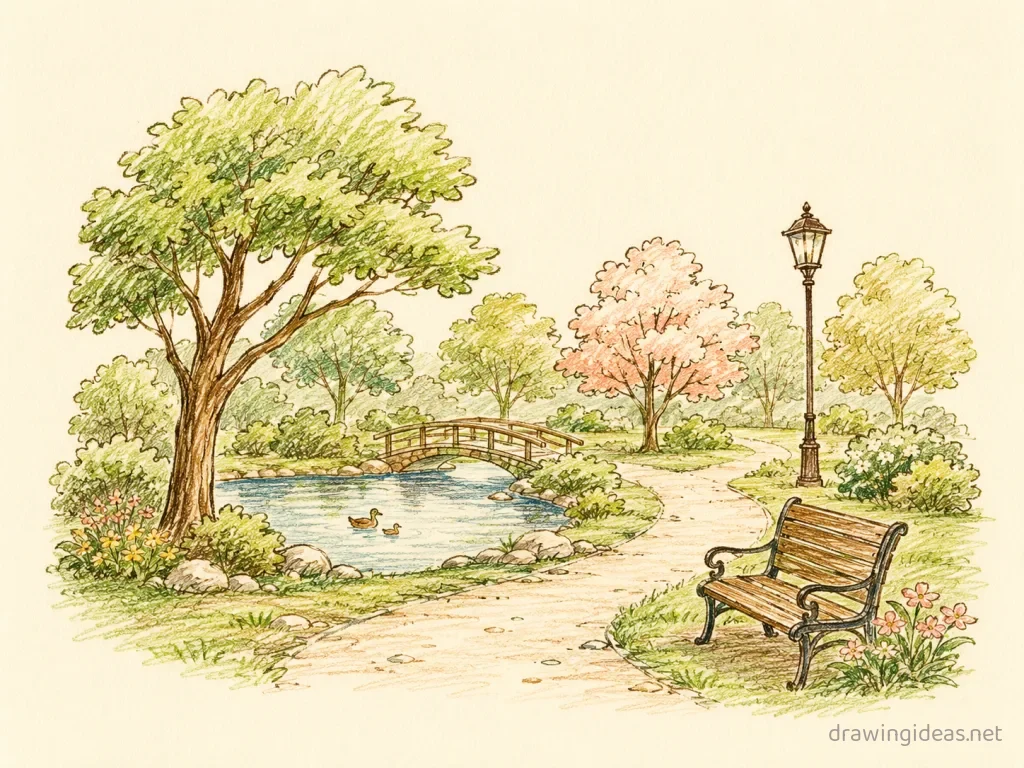 Park drawing — hand-drawn park illustration with ink lines and soft colors