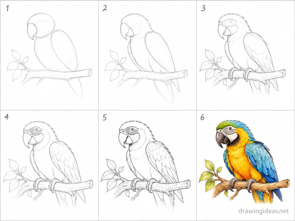How to draw a parrot step by step — 6-step parrot drawing tutorial grid