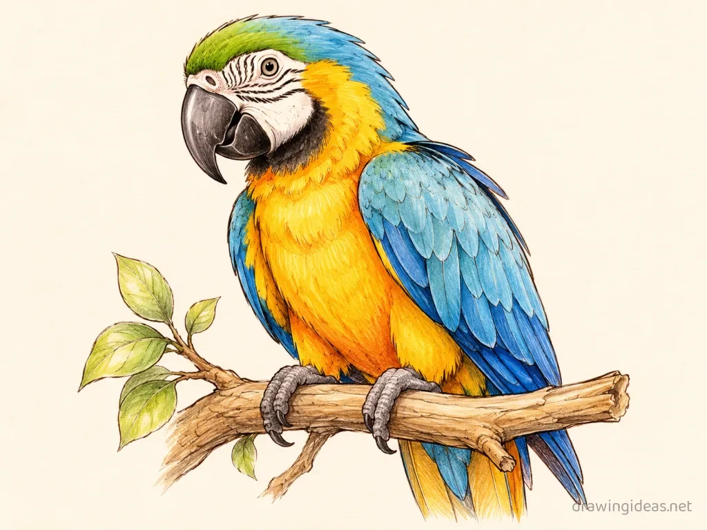 Parrot drawing — hand-drawn parrot illustration with ink lines and soft colors