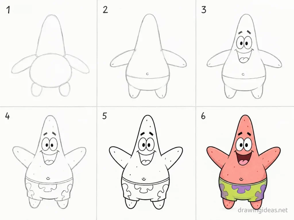 How to draw Patrick Star step by step — 6-step Patrick Star drawing tutorial grid