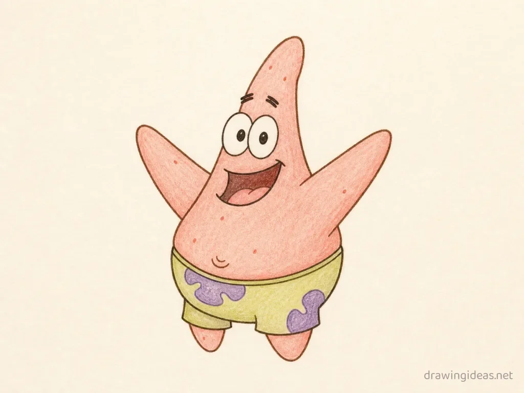 Patrick Star drawing — hand-drawn Patrick Star illustration with ink lines and soft colors