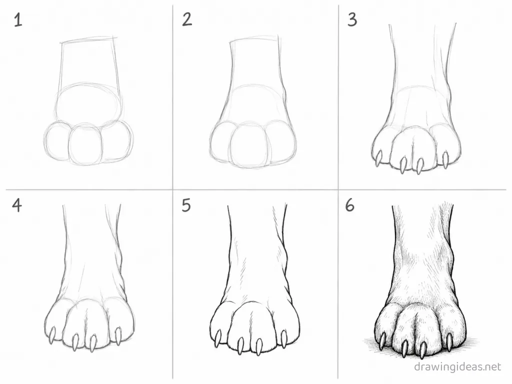 How to draw a paw step by step — 6-step paw drawing tutorial grid
