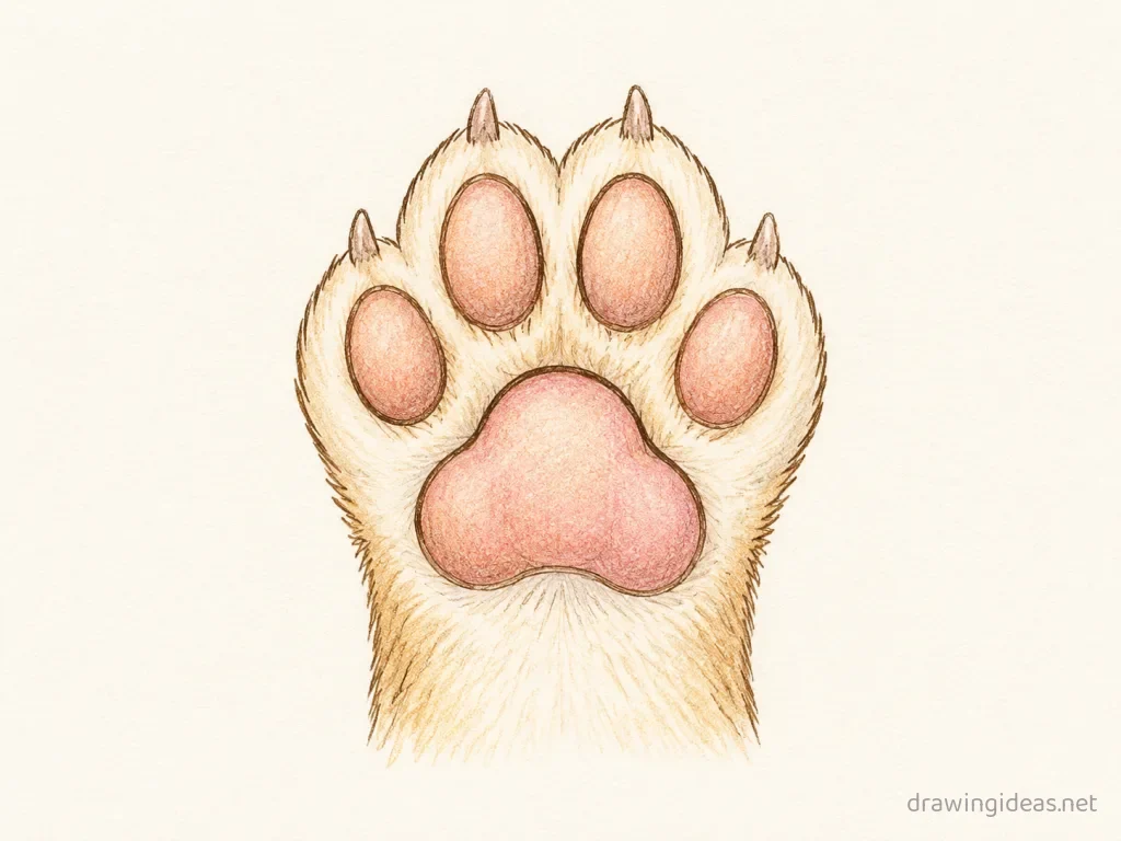 Paw drawing — hand-drawn paw illustration with ink lines and soft colors