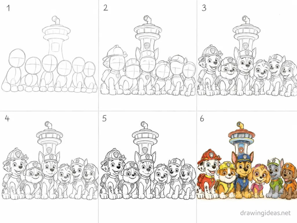 How to draw Paw Patrol step by step — 6-step Paw Patrol drawing tutorial grid