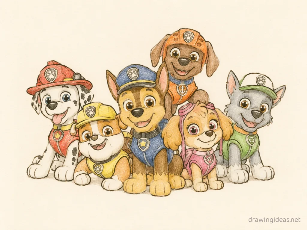 Paw Patrol drawing — hand-drawn Paw Patrol illustration with ink lines and soft colors