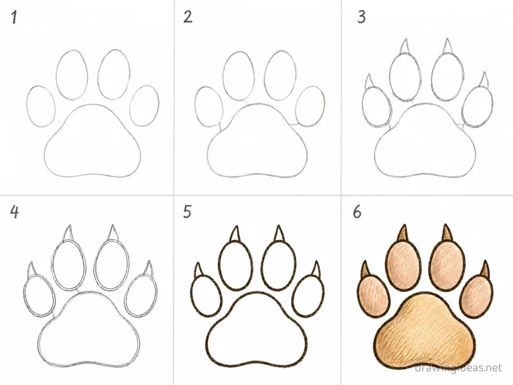 How to draw a paw print step by step — 6-step paw print drawing tutorial grid