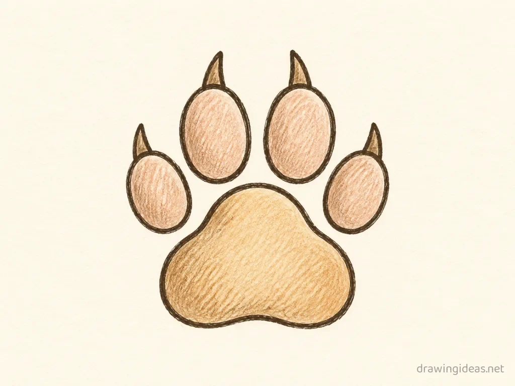 Paw Print drawing — hand-drawn paw print illustration with ink lines and soft colors