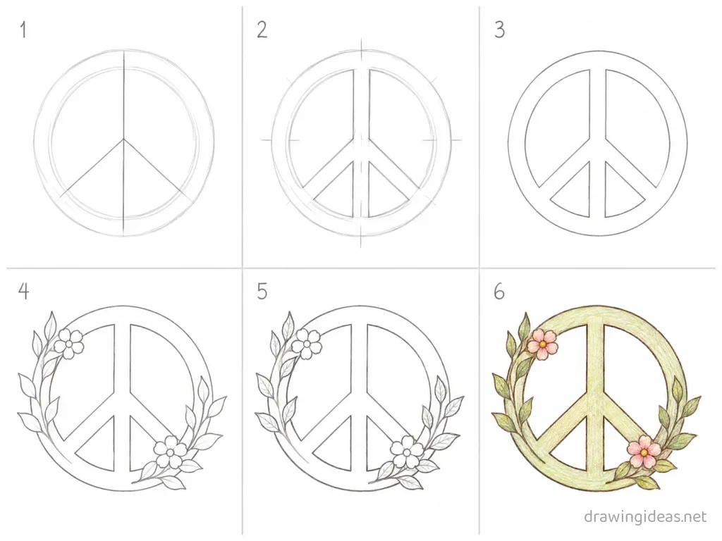 How to draw a peace step by step — 6-step peace drawing tutorial grid