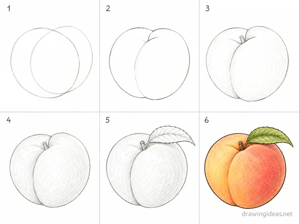 How to draw a peach step by step — 6-step peach drawing tutorial grid