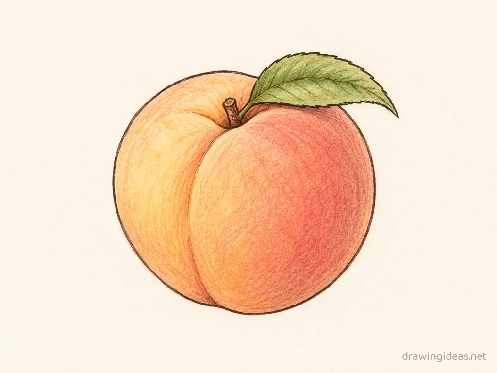 Peach drawing — hand-drawn peach illustration with ink lines and soft colors