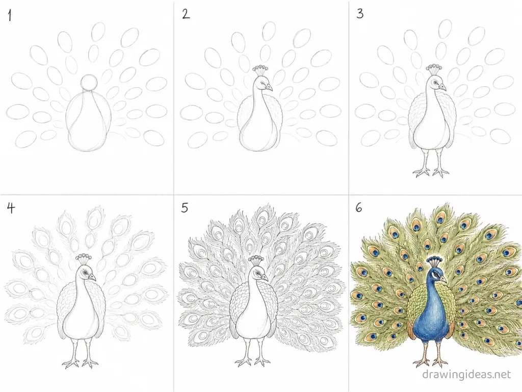 How to draw a peacock step by step — 6-step peacock drawing tutorial grid