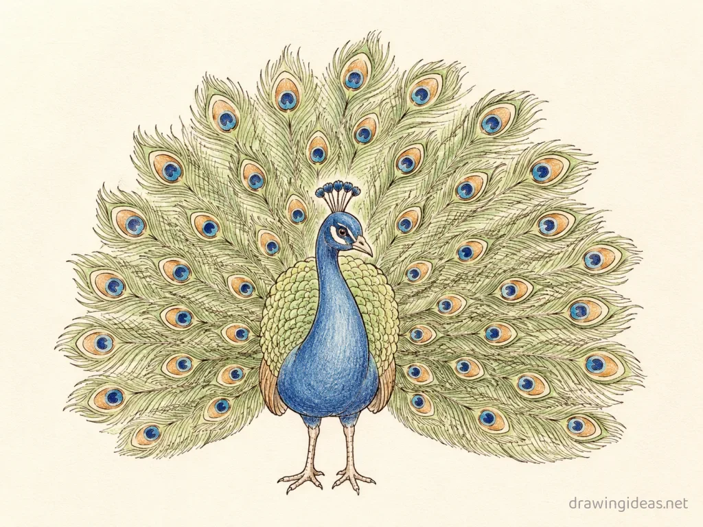 Peacock drawing — hand-drawn peacock illustration with ink lines and soft colors