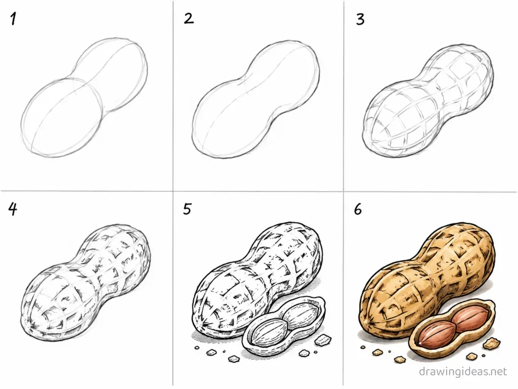 How to draw a peanut step by step — 6-step peanut drawing tutorial grid