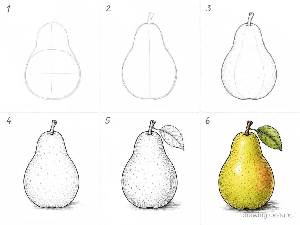 How to draw a pear step by step — 6-step pear drawing tutorial grid