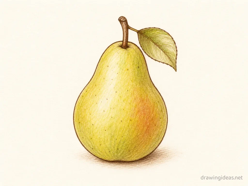 Pear drawing — hand-drawn pear illustration with ink lines and soft colors