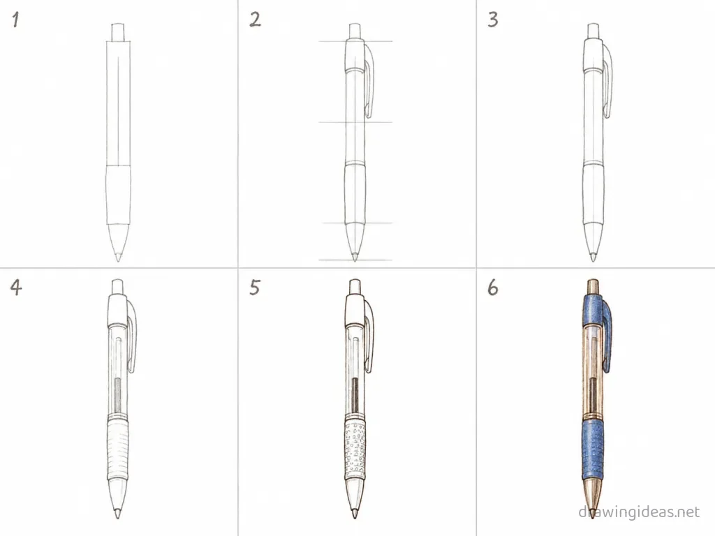 How to draw a pen step by step — 6-step pen drawing tutorial grid